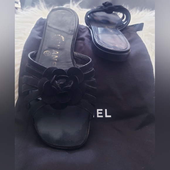 💎CHANEL CAMELLIA FLOWER BLACK LEATHER SANDALS | SIZE EU 36 US 6 - Picture 7 of 12